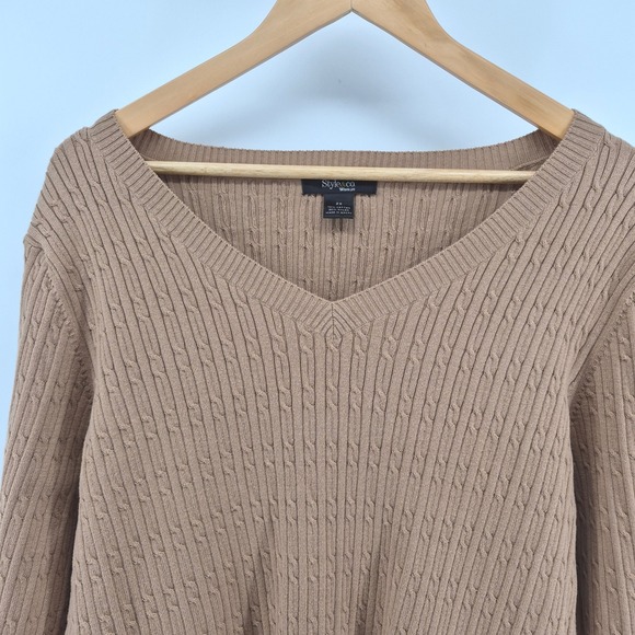 Style & Co Cable Knit V Neck Sweater Tan Plus Camel 2X Preppy Dark Academia - Picture 2 of 9